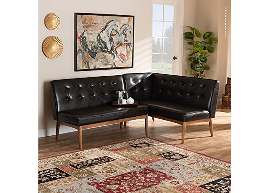 Baxton Studio Arvid Mid-Century Modern Dark Brown Faux Leather Upholstered 2-Piece Wood Dining Corner Sofa Bench