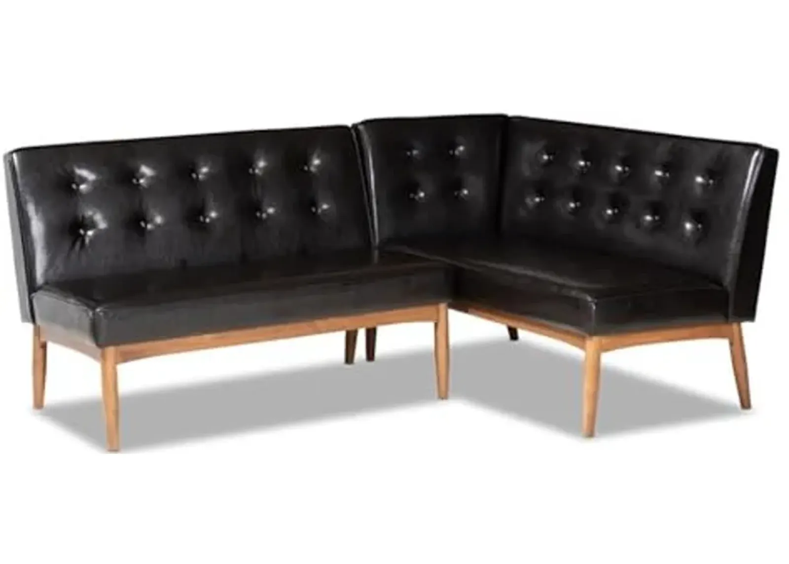 Baxton Studio Arvid Mid-Century Modern Dark Brown Faux Leather Upholstered 2-Piece Wood Dining Corner Sofa Bench