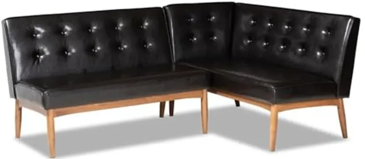 Baxton Studio Arvid Mid-Century Modern Dark Brown Faux Leather Upholstered 2-Piece Wood Dining Corner Sofa Bench