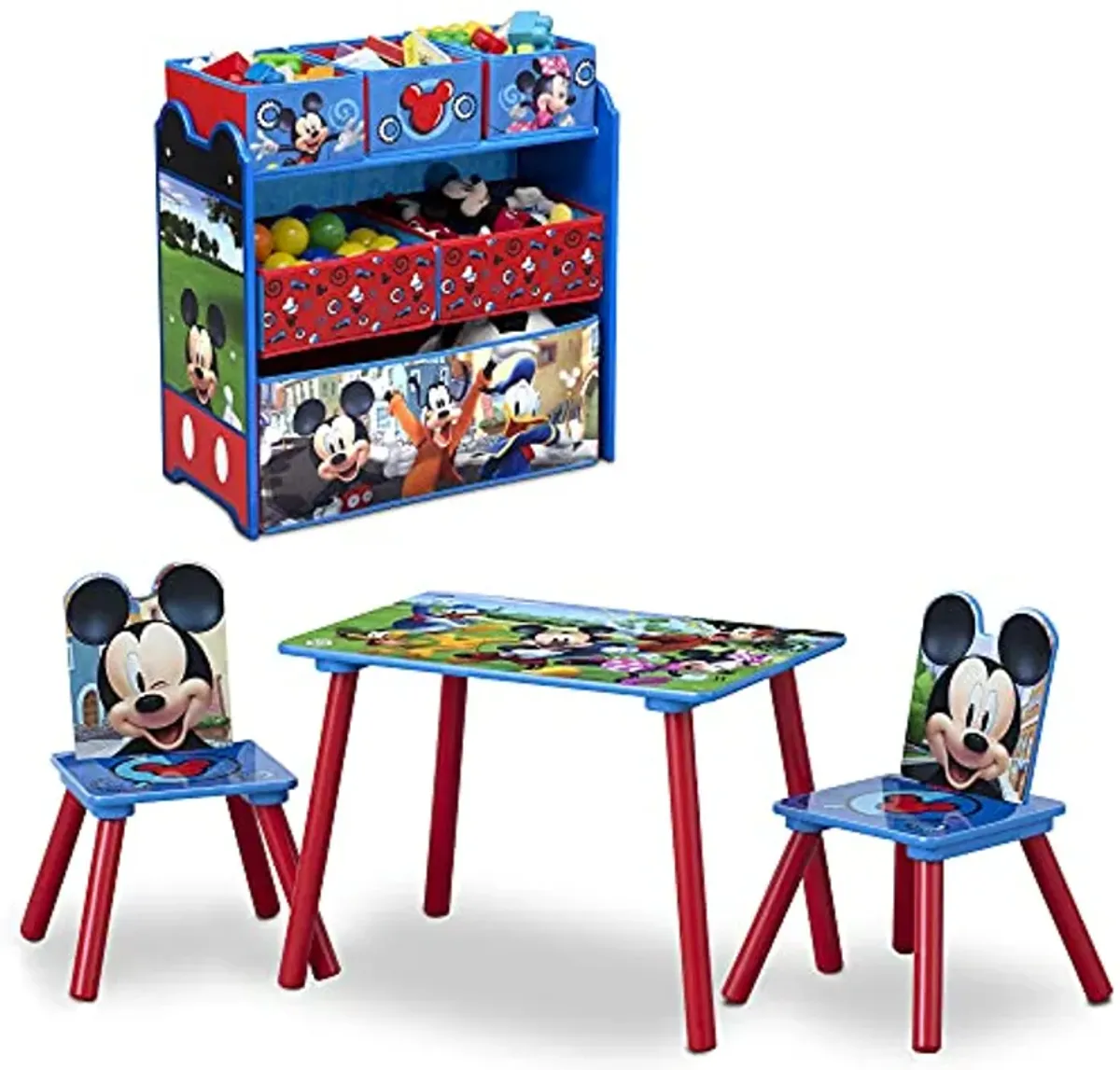 Mickey Mouse 4-Piece Playroom Solution – Set Includes Table and 2 Chairs and 6-Bin Toy Organizer