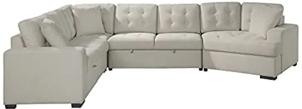 Lexicon Mid Century Modern 4-Piece Sectional Sofa with Pull-Out Ottoman and Pull-Out Bed, Convertible Sectional Couch Lounge Sofa with Cuddler for Living Room, Bedroom, Office, Apartment, Beige