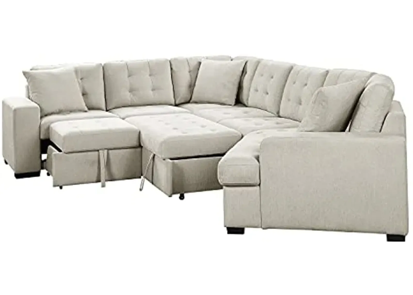 Lexicon Mid Century Modern 4-Piece Sectional Sofa with Pull-Out Ottoman and Pull-Out Bed, Convertible Sectional Couch Lounge Sofa with Cuddler for Living Room, Bedroom, Office, Apartment, Beige