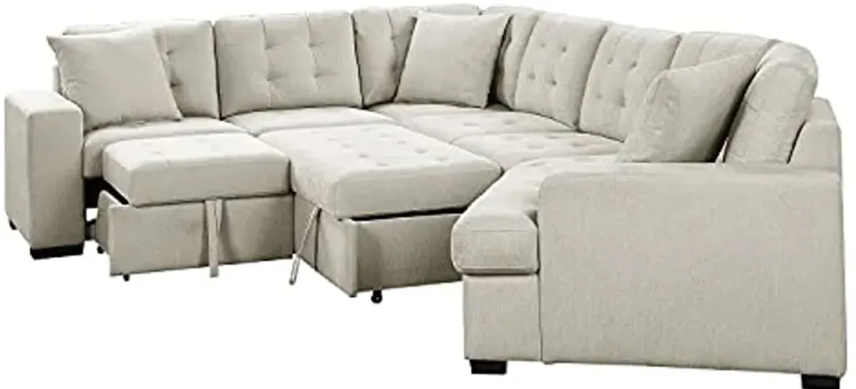 Lexicon Mid Century Modern 4-Piece Sectional Sofa with Pull-Out Ottoman and Pull-Out Bed, Convertible Sectional Couch Lounge Sofa with Cuddler for Living Room, Bedroom, Office, Apartment, Beige