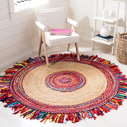 SAFAVIEH Cape Cod Collection 8' Round Multi/Natural CAP701P Handmade Boho Fringe Jute & Cotton Entryway Foyer Living Room Bedroom Kitchen Area Rug