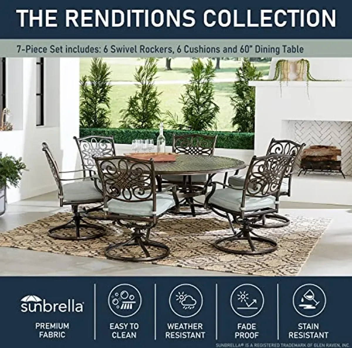 Hanover Renditions 7 Piece Outdoor Dining Set with Sunbrella® Fabric and Elegant 60" Round Patio Table with 6 Comfortable Swivel Chairs and Rust, UV, and Weather-Resistant Aluminum Frames in Mist