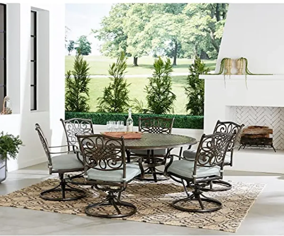 Hanover Renditions 7 Piece Outdoor Dining Set with Sunbrella® Fabric and Elegant 60" Round Patio Table with 6 Comfortable Swivel Chairs and Rust, UV, and Weather-Resistant Aluminum Frames in Mist