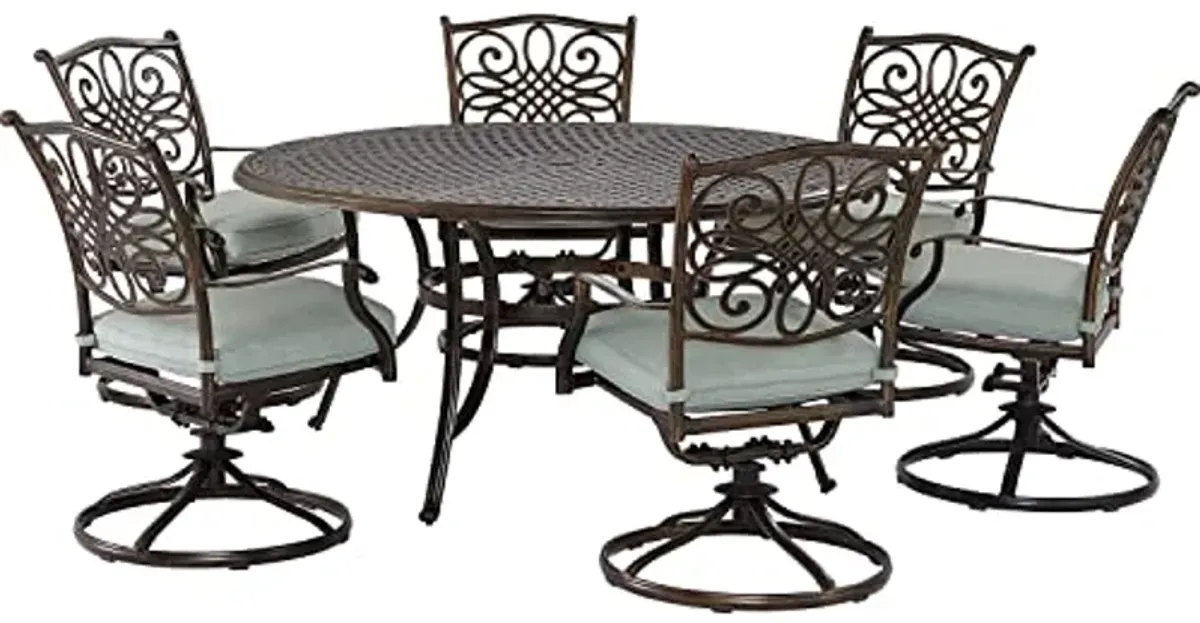 Hanover Renditions 7 Piece Outdoor Dining Set with Sunbrella® Fabric and Elegant 60" Round Patio Table with 6 Comfortable Swivel Chairs and Rust, UV, and Weather-Resistant Aluminum Frames in Mist