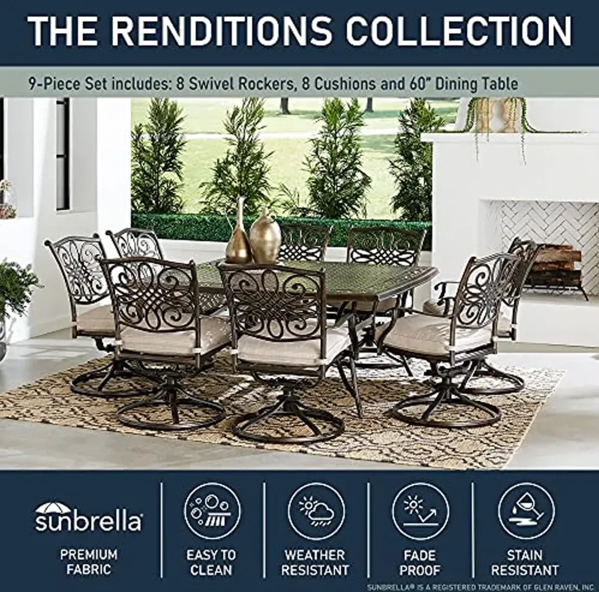 Hanover Renditions 9 Piece Outdoor Dining Set with Sunbrella® Fabric and Elegant 60" Square Patio Table with 8 Comfortable Swivel Chairs and Rust, UV, and Weather-Resistant Aluminum Frames in Silver