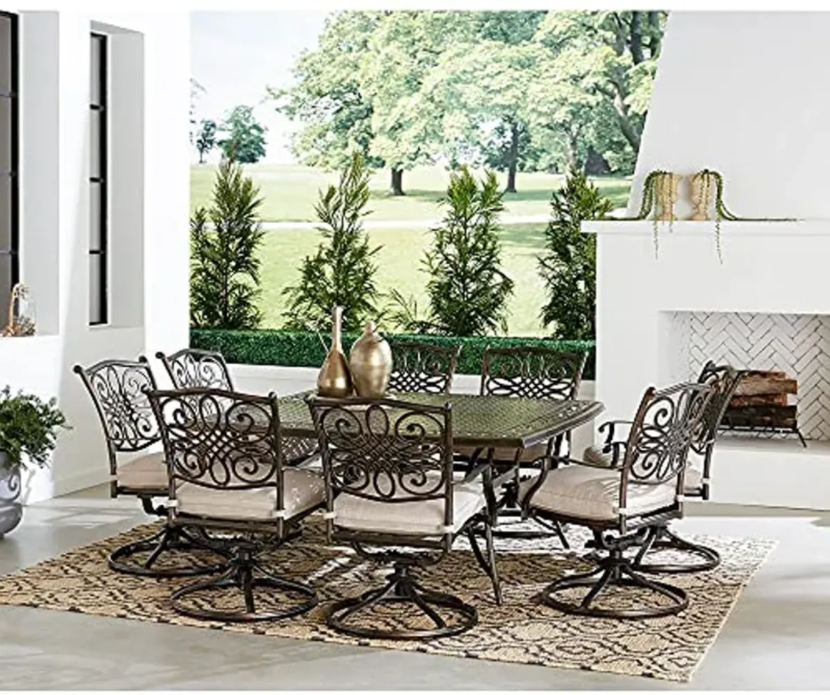 Hanover Renditions 9 Piece Outdoor Dining Set with Sunbrella® Fabric and Elegant 60" Square Patio Table with 8 Comfortable Swivel Chairs and Rust, UV, and Weather-Resistant Aluminum Frames in Silver