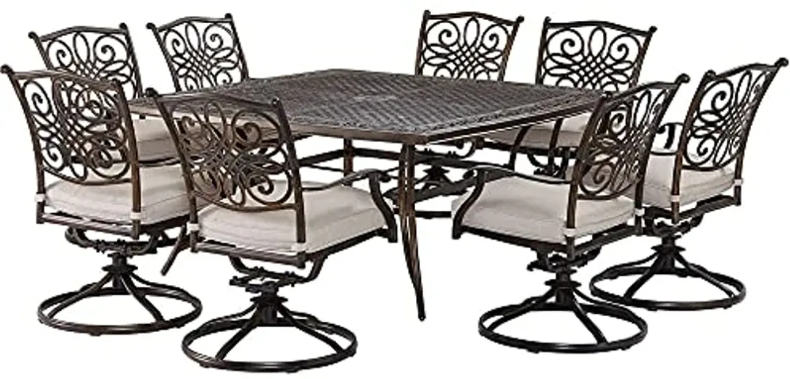 Hanover Renditions 9 Piece Outdoor Dining Set with Sunbrella® Fabric and Elegant 60" Square Patio Table with 8 Comfortable Swivel Chairs and Rust, UV, and Weather-Resistant Aluminum Frames in Silver