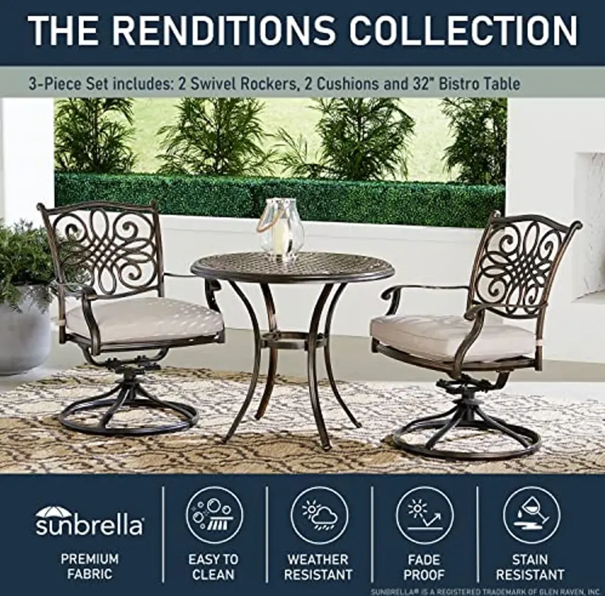 Hanover Renditions 3 Piece Outdoor Bistro Set with Sunbrella® Fabric and Elegant 32" Patio Dining Table with 2 Comfortable Swivel Chairs and Rust, UV, and Weather-Resistant Aluminum Frames in Silver