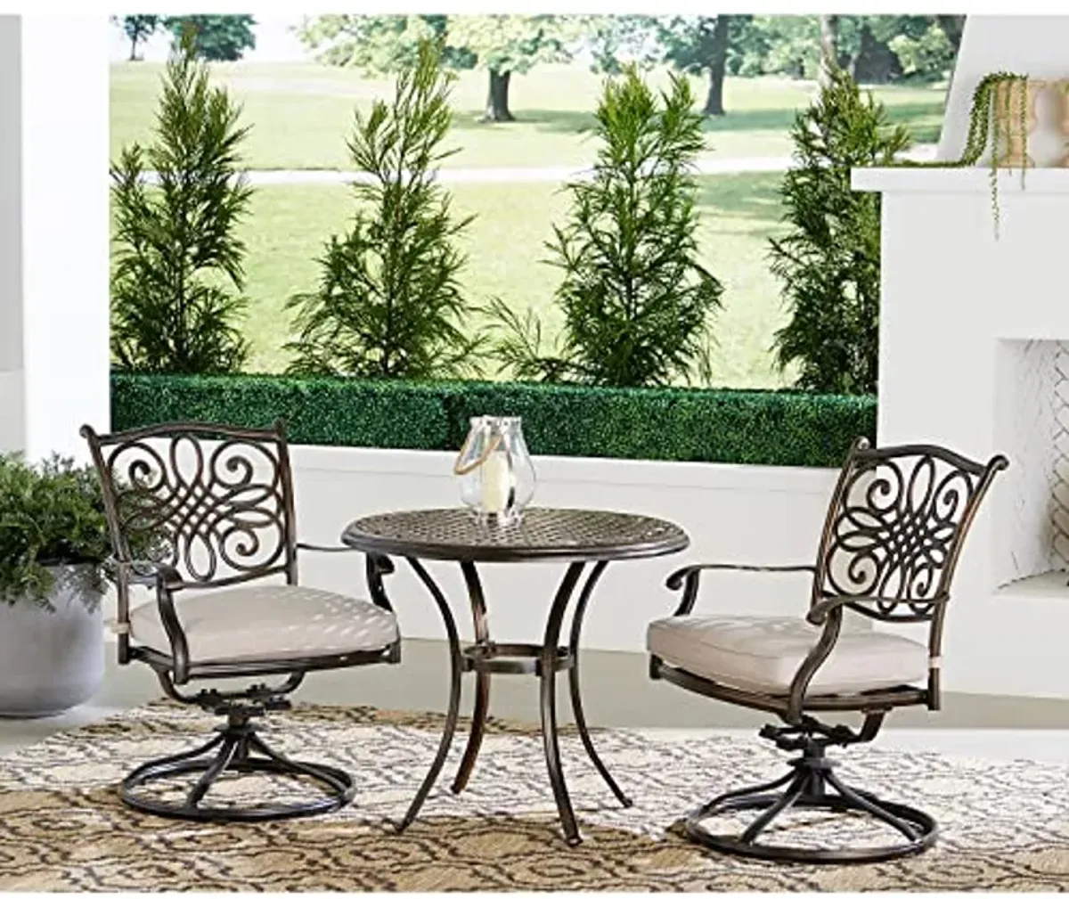 Hanover Renditions 3 Piece Outdoor Bistro Set with Sunbrella® Fabric and Elegant 32" Patio Dining Table with 2 Comfortable Swivel Chairs and Rust, UV, and Weather-Resistant Aluminum Frames in Silver