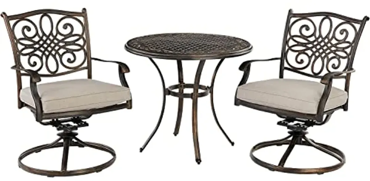 Hanover Renditions 3 Piece Outdoor Bistro Set with Sunbrella® Fabric and Elegant 32" Patio Dining Table with 2 Comfortable Swivel Chairs and Rust, UV, and Weather-Resistant Aluminum Frames in Silver