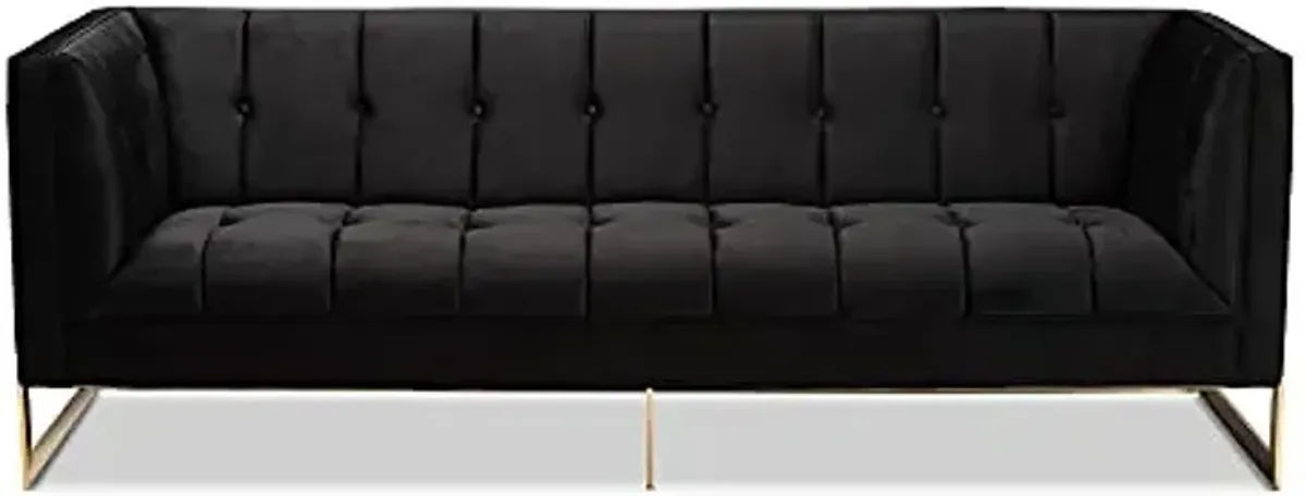Baxton Studio Ambra Glam and Luxe Black Velvet Upholstered and Button Tufted Sofa with Gold-Tone Frame