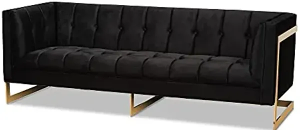 Baxton Studio Ambra Glam and Luxe Black Velvet Upholstered and Button Tufted Sofa with Gold-Tone Frame