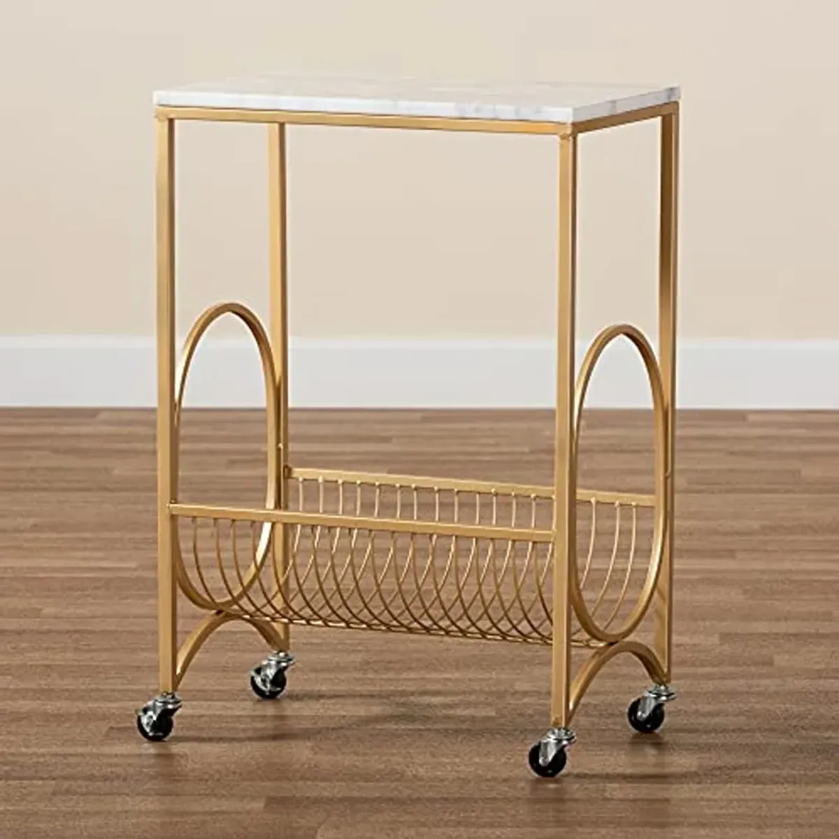 Baxton Studio Jacek Modern and Contemporary Gold Finished Metal Wine Cart with Marble Tabletop