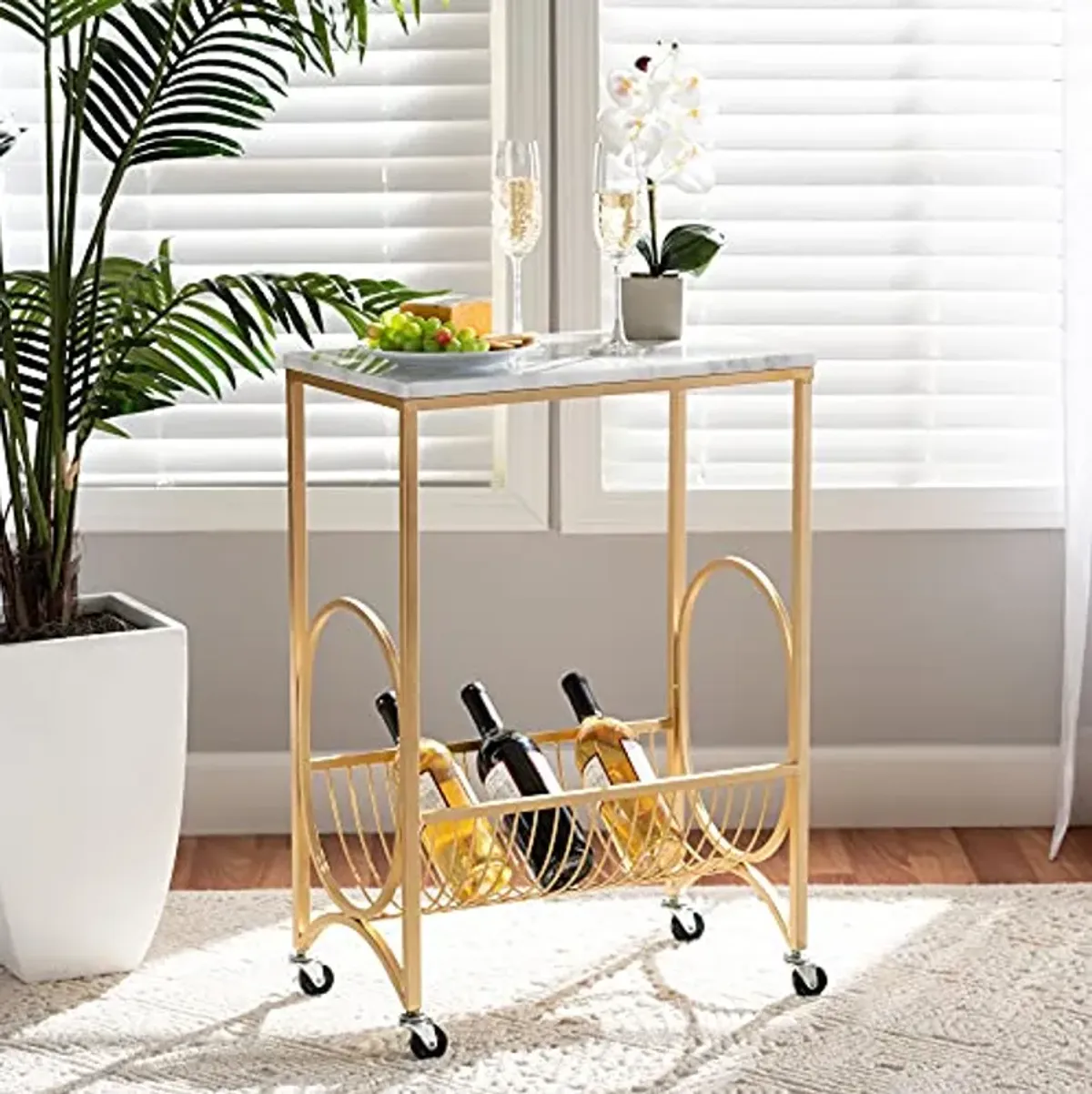 Baxton Studio Jacek Modern and Contemporary Gold Finished Metal Wine Cart with Marble Tabletop