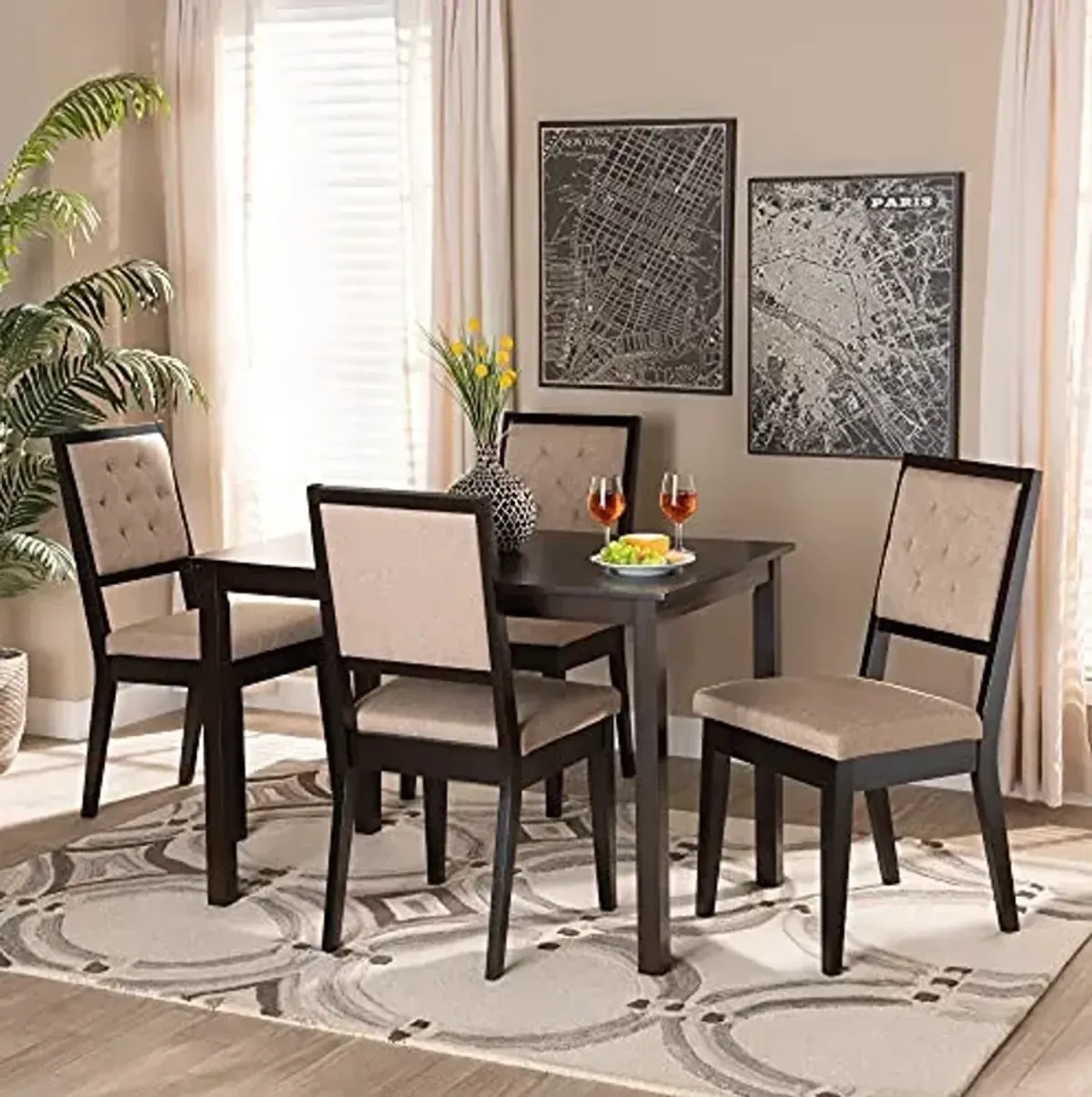 Baxton Studio Suvi Modern and Contemporary Sand Fabric Upholstered and Dark Brown Finished Wood 5-Piece Dining Set