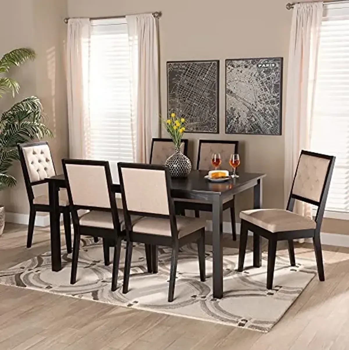 Baxton Studio Suvi Modern and Contemporary Sand Fabric Upholstered and Dark Brown Finished Wood 7-Piece Dining Set