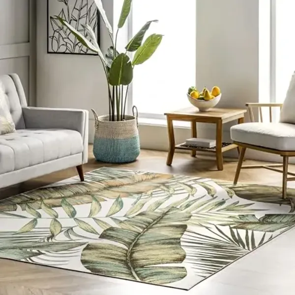 nuLOOM Elen Machine Washable Natural Leaves Ultra Thin Accent Rug, 2' x 3', Olive