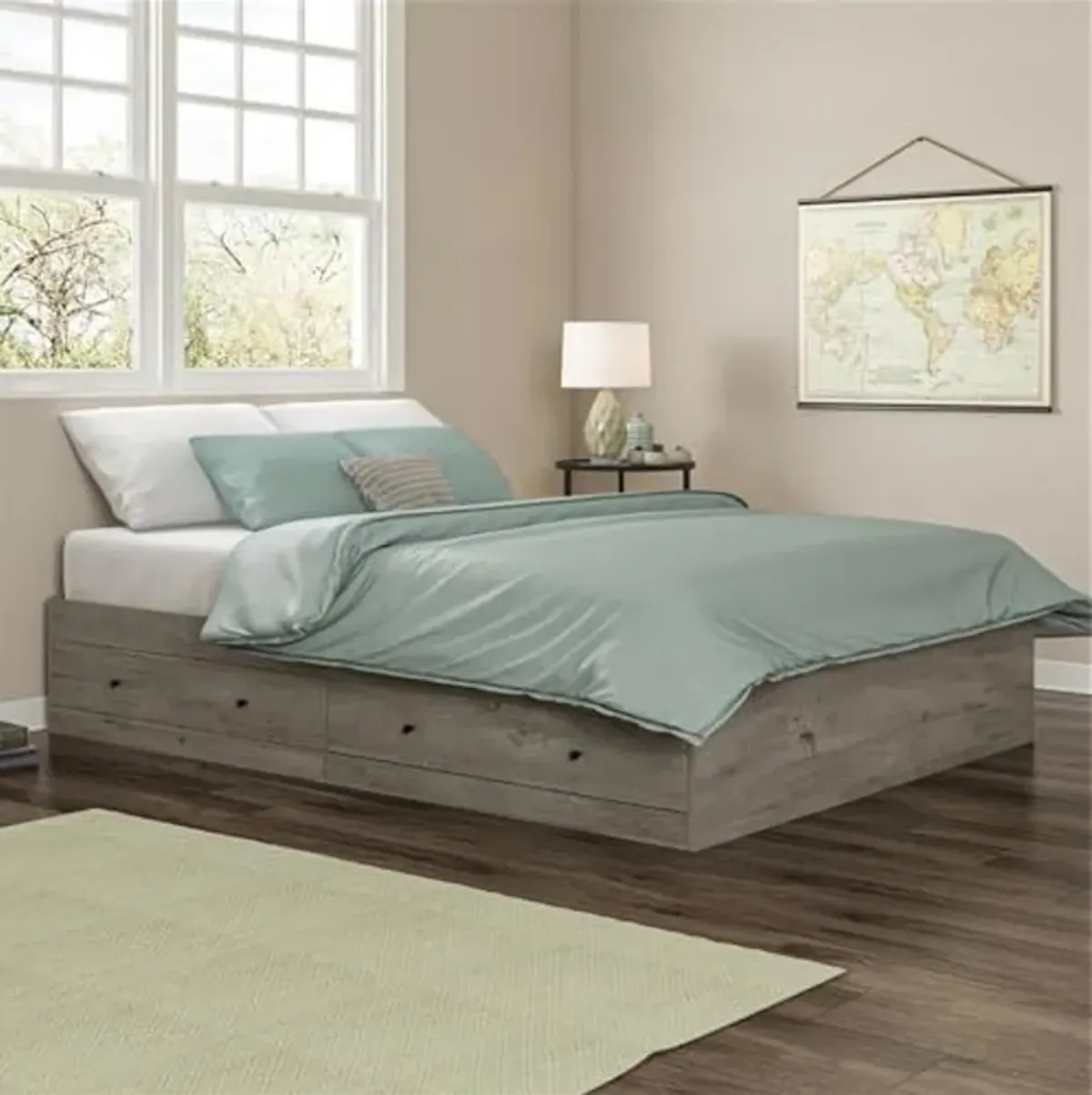 Sauder Cannery Bridge Queen Storage Platform Bed Mystic Oak, Mystic Oak Finish