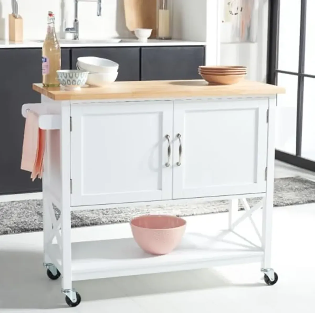 SAFAVIEH Home Collection Kesler White/Natural 2-Door 1-Shelf Trolley Kitchen Cart with Wheels