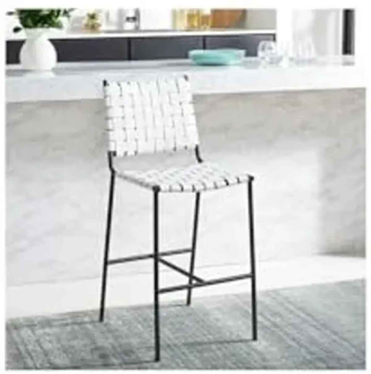 Safavieh Home Collection Olenna White Woven Leather/Black 26-inch Kitchen Island Breakfast Nook Counter Stool (Fully Assembled)