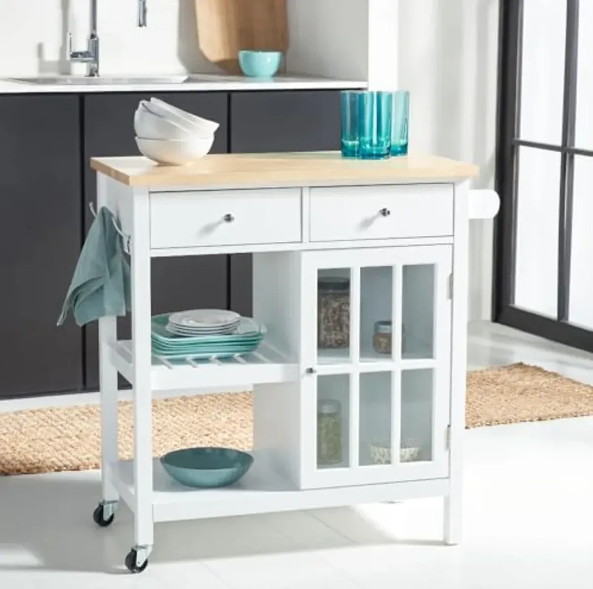 SAFAVIEH Home Collection Locklyn White/Natural 2-Drawer Storage Trolley Kitchen Cart with Wheels