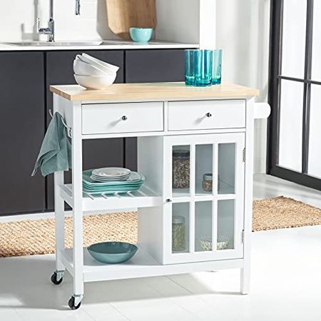 Safavieh Home Collection Locklyn White/Natural 2-Drawer Storage Trolley Kitchen Cart with Wheels