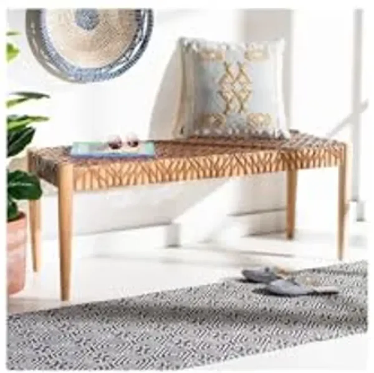 SAFAVIEH Home Collection Bandelier Woven Leather Teak Wood Rectangle Bench BCH1000D, Light Honey/Natural