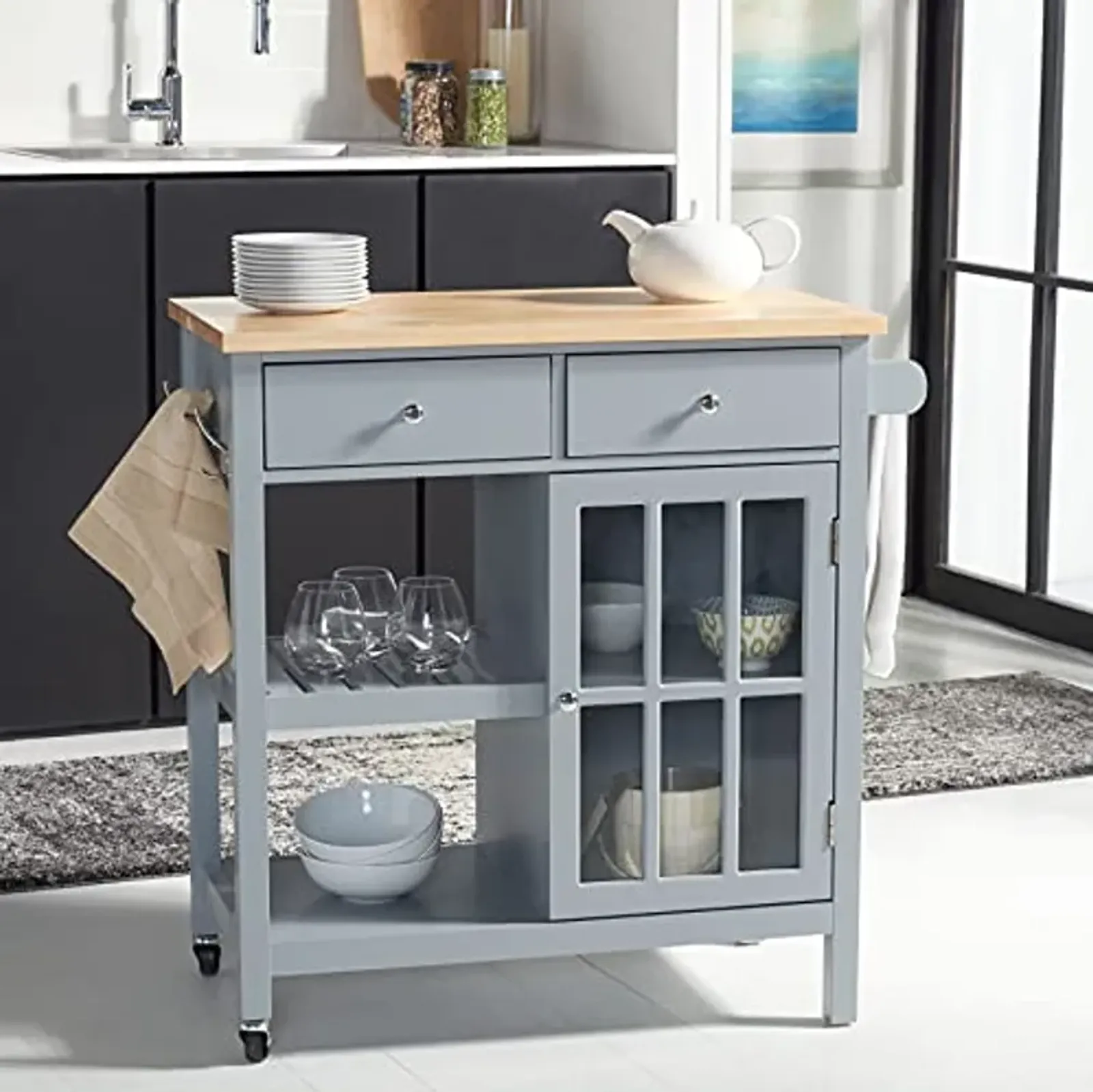 SAFAVIEH Home Collection Locklyn Grey/Natural 2-Drawer Storage Trolley Kitchen Cart with Wheels