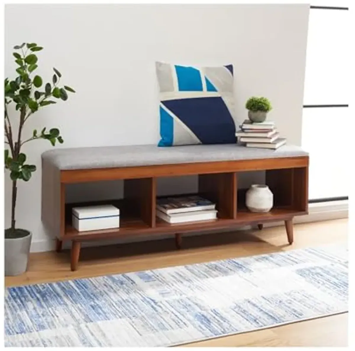 Safavieh Home Collection Cricket Linen Cushion Acacia Wood Open Storage Shelf Rectangle Bench BCH5000B, Grey/Natural