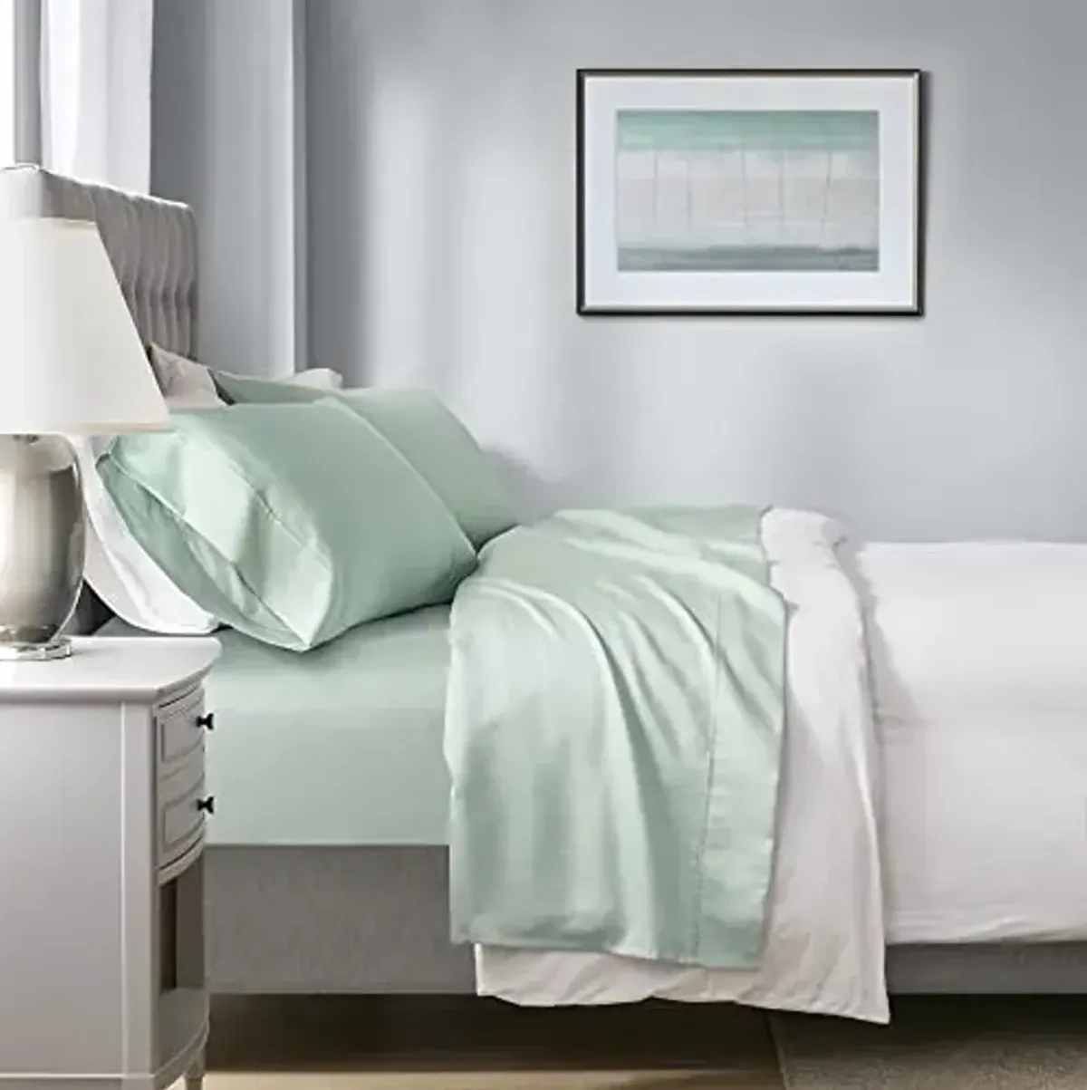 Beautyrest 1000 Thread Count, Solid Color Sheet Set, Elastic Deep Pocket, All Season, Breathable, HeiQ Smart Temperature, Soft Cotton Blend Bedding, Matching Pillowcase, Queen Seafoam 4 Piece