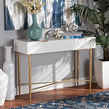 Baxton Studio Galia White Finished Wood and Gold Metal 1-Drawer Console Table
