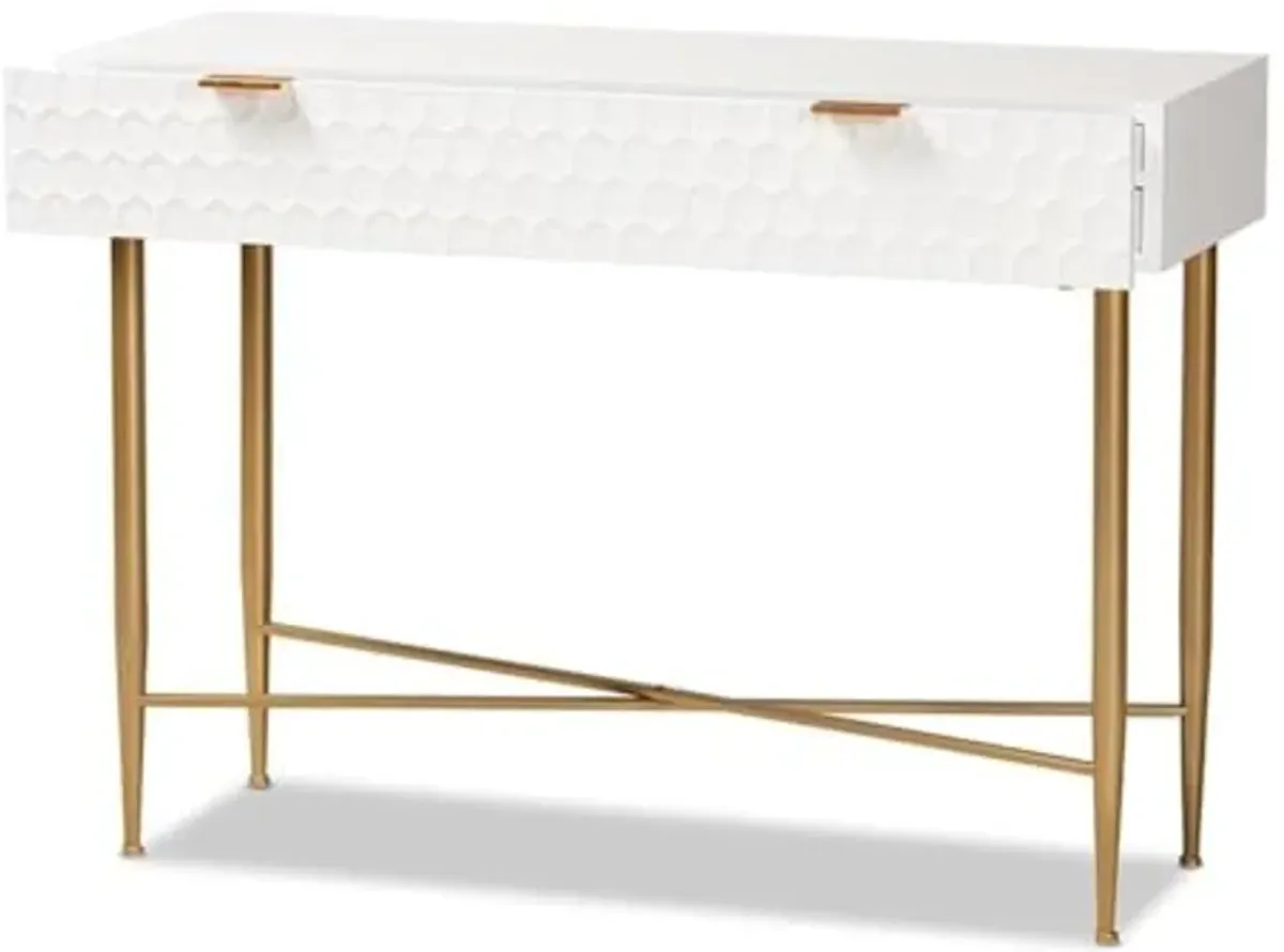 Baxton Studio Galia Modern and Contemporary White Finished Wood and Gold Metal 1-Drawer Console Table