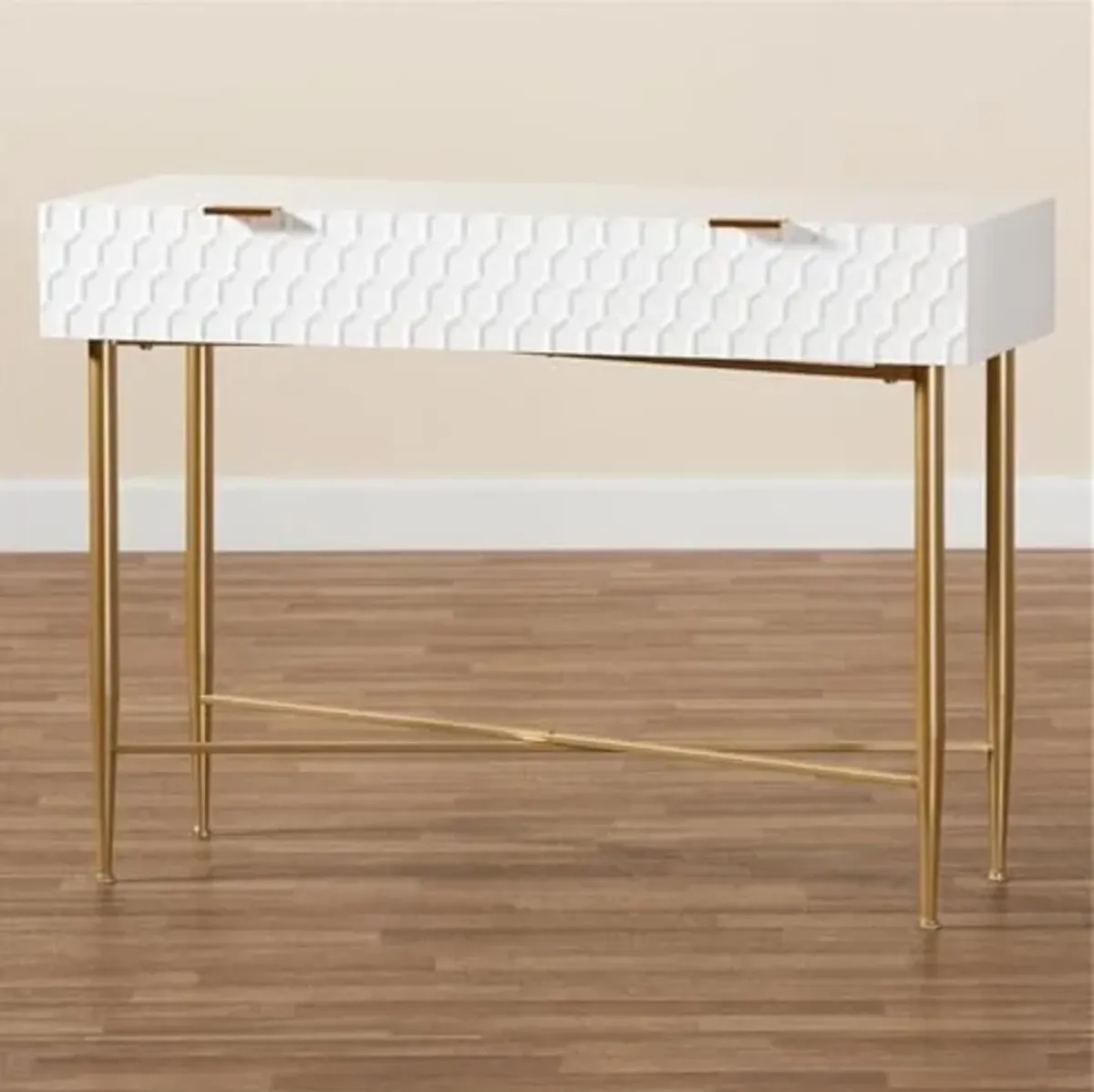 Baxton Studio Galia Modern and Contemporary White Finished Wood and Gold Metal 1-Drawer Console Table