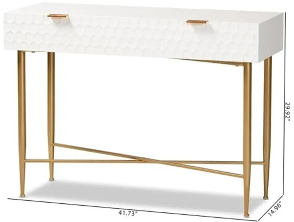 Baxton Studio Galia Modern and Contemporary White Finished Wood and Gold Metal 1-Drawer Console Table