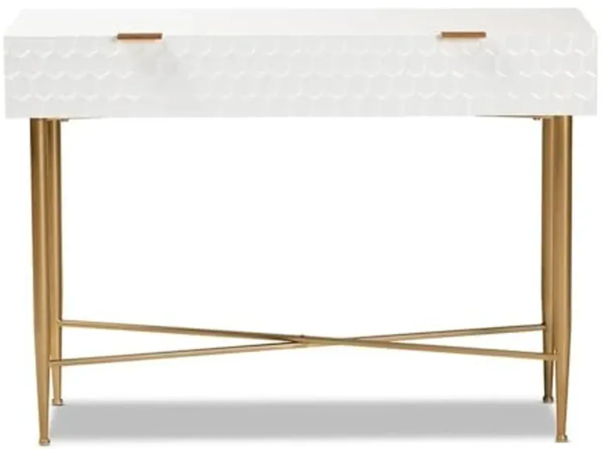 Baxton Studio Galia Modern and Contemporary White Finished Wood and Gold Metal 1-Drawer Console Table