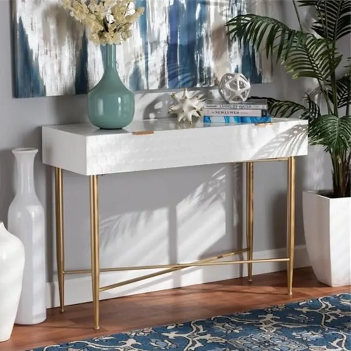 Baxton Studio Galia Modern and Contemporary White Finished Wood and Gold Metal 1-Drawer Console Table