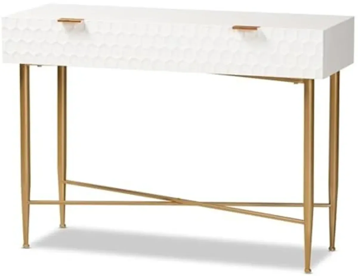 Baxton Studio Galia Modern and Contemporary White Finished Wood and Gold Metal 1-Drawer Console Table