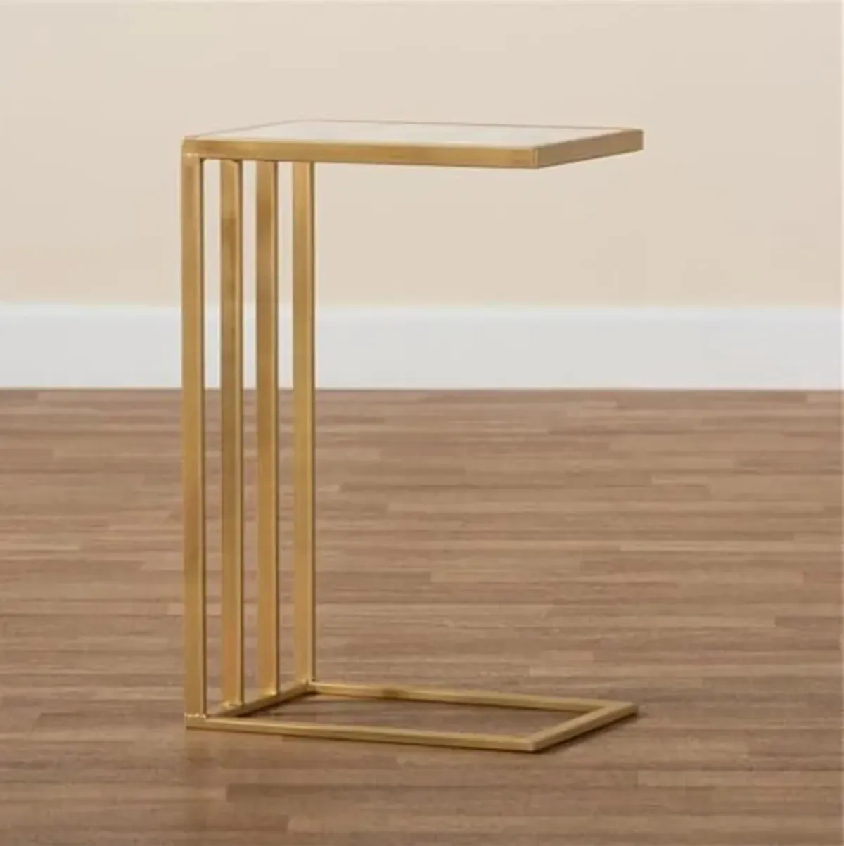 Baxton Studio Parkin Modern and Contemporary Gold Finished Metal C Shaped End Table with Marble Tabletop