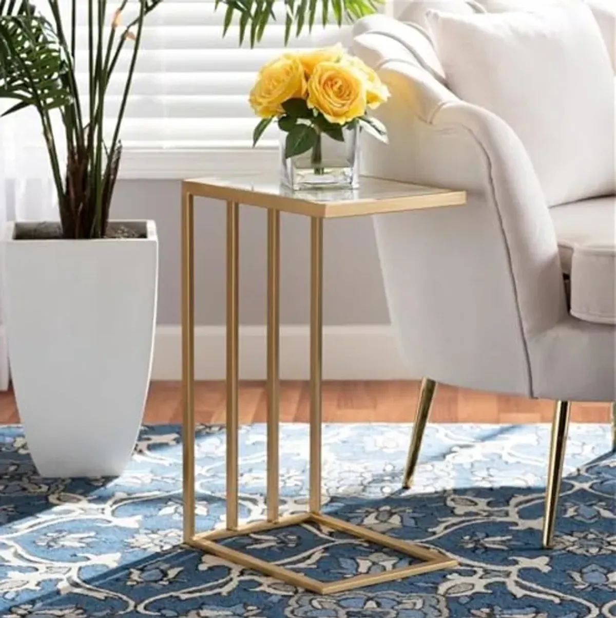 Baxton Studio Parkin Modern and Contemporary Gold Finished Metal C Shaped End Table with Marble Tabletop