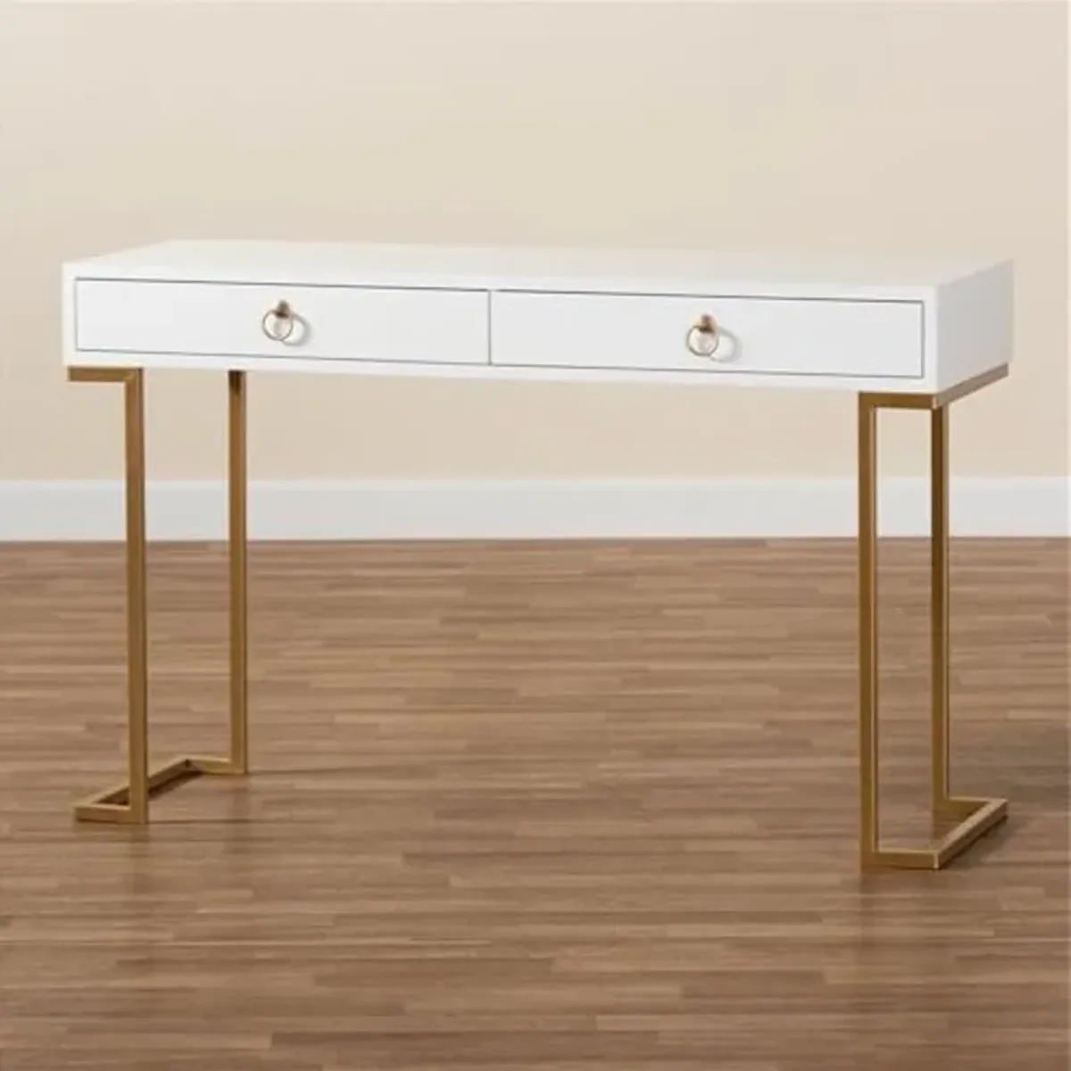 Baxton Studio Beagan Modern and Contemporary White Finished Wood and Gold Metal 2-Drawer Console Table