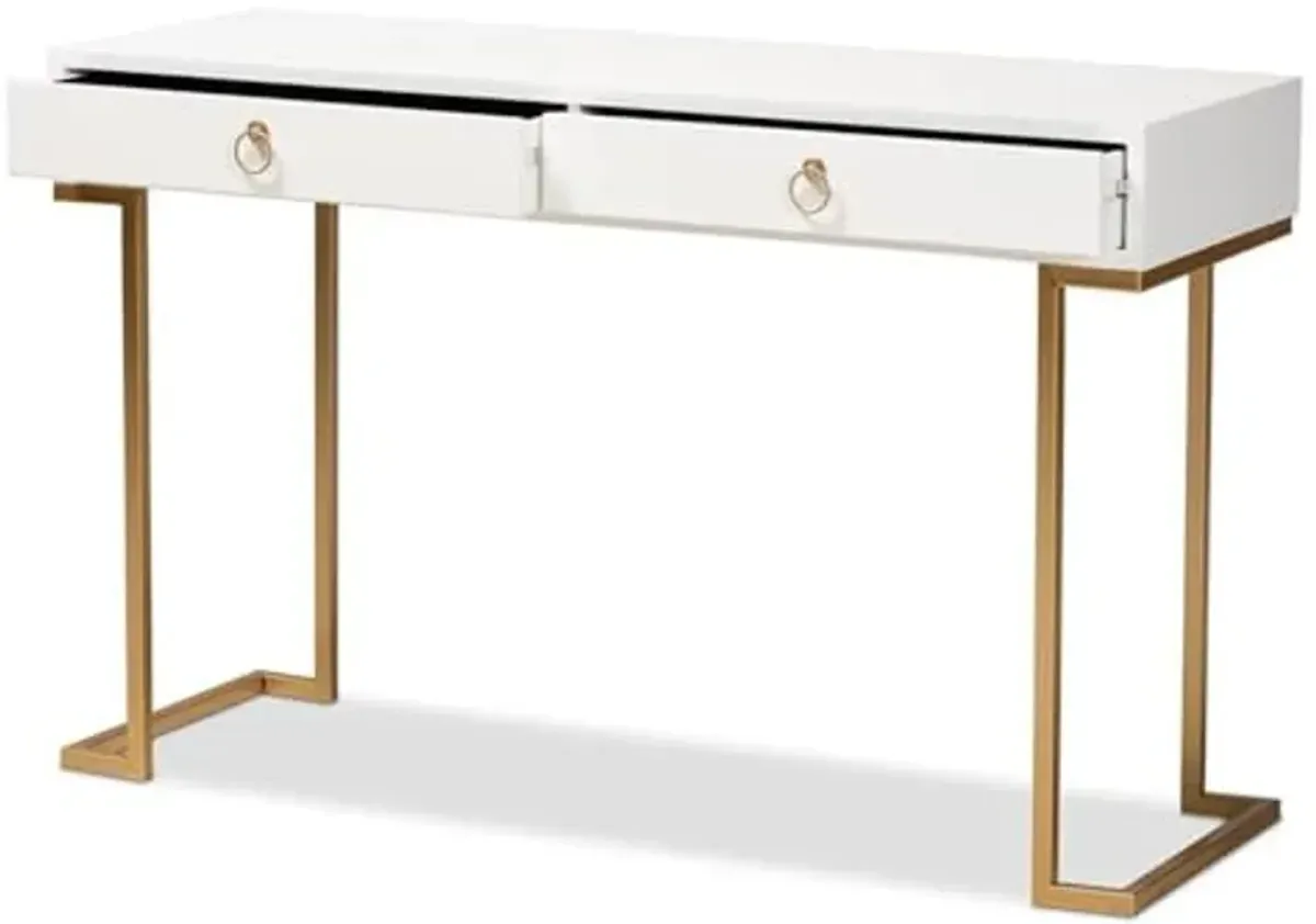 Baxton Studio Beagan Modern and Contemporary White Finished Wood and Gold Metal 2-Drawer Console Table