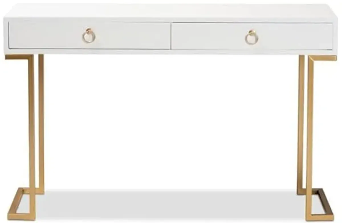 Baxton Studio Beagan Modern and Contemporary White Finished Wood and Gold Metal 2-Drawer Console Table