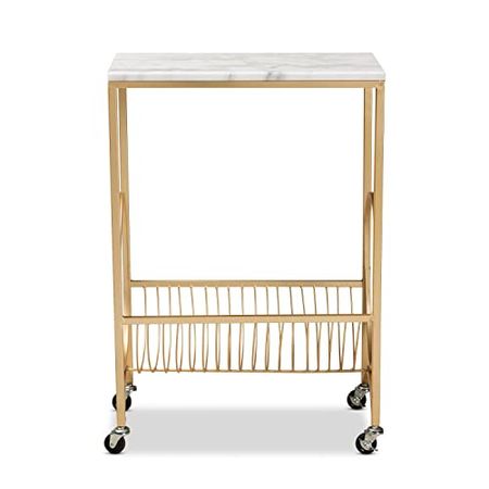 Baxton Studio Jacek Gold Finished Metal Wine Cart with Marble Tabletop