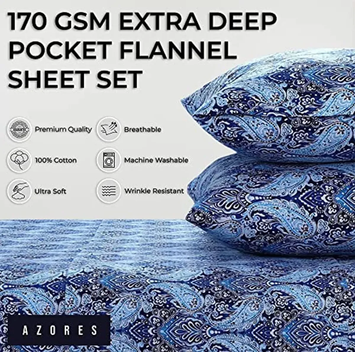 Tribeca Living Sofi Paisley Flannel Queen Sheet Set, Super Soft 100% Cotton, Extra Deep Pockets, Deep Blue