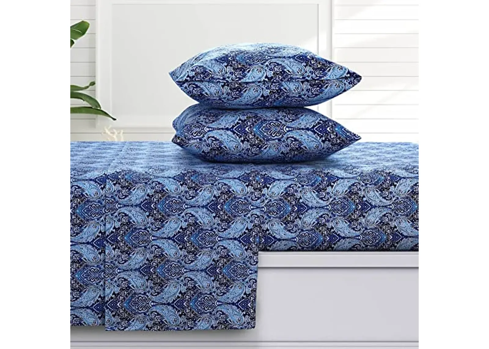 Tribeca Living Sofi Paisley Flannel Queen Sheet Set, Super Soft 100% Cotton, Extra Deep Pockets, Deep Blue