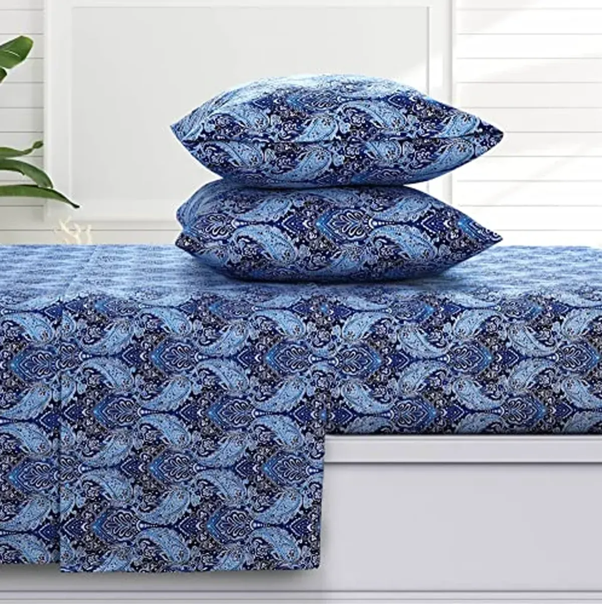 Tribeca Living Sofi Paisley Flannel Queen Sheet Set, Super Soft 100% Cotton, Extra Deep Pockets, Deep Blue