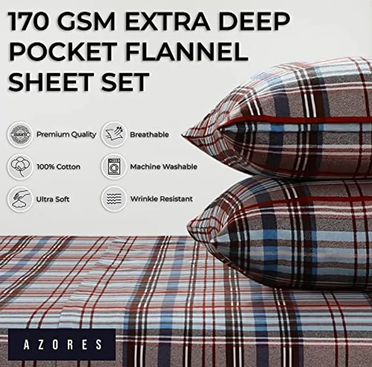 Tribeca Living Brentwood Plaid Flannel Twin Sheet Set, Super Soft 100% Cotton, Extra Deep Pockets, Brown